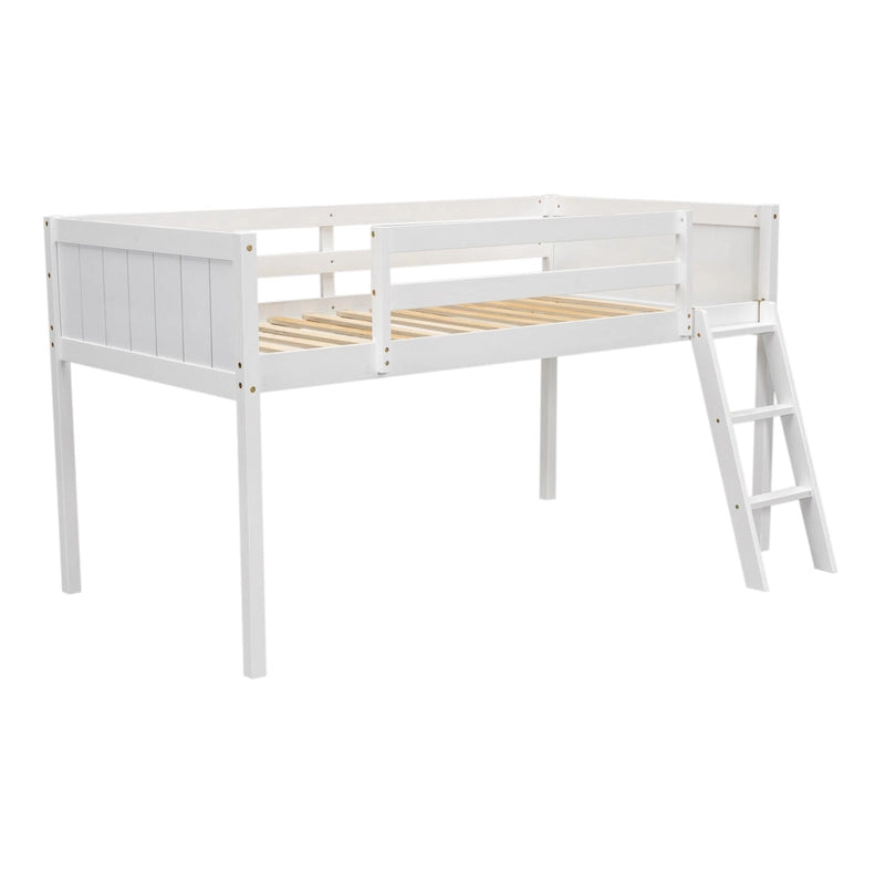 Lit mezzanine bas en bois de pin, taille jumeau, avec échelle convertible et barrières de sécurité intégrales
