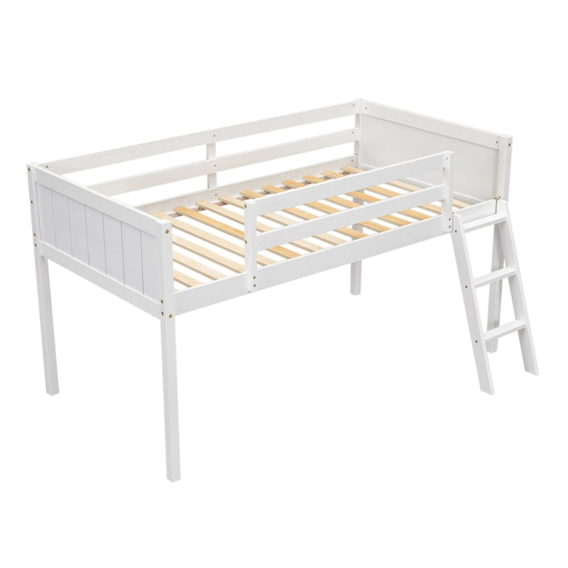 Lit mezzanine bas en bois de pin, taille jumeau, avec échelle convertible et barrières de sécurité intégrales