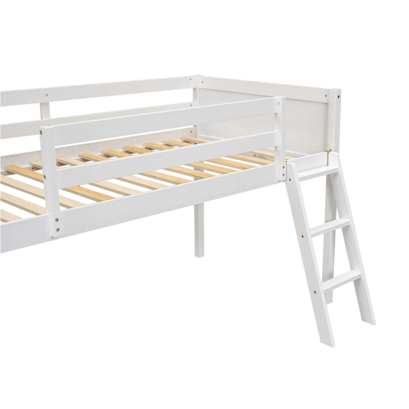 Lit mezzanine bas en bois de pin, taille jumeau, avec échelle convertible et barrières de sécurité intégrales