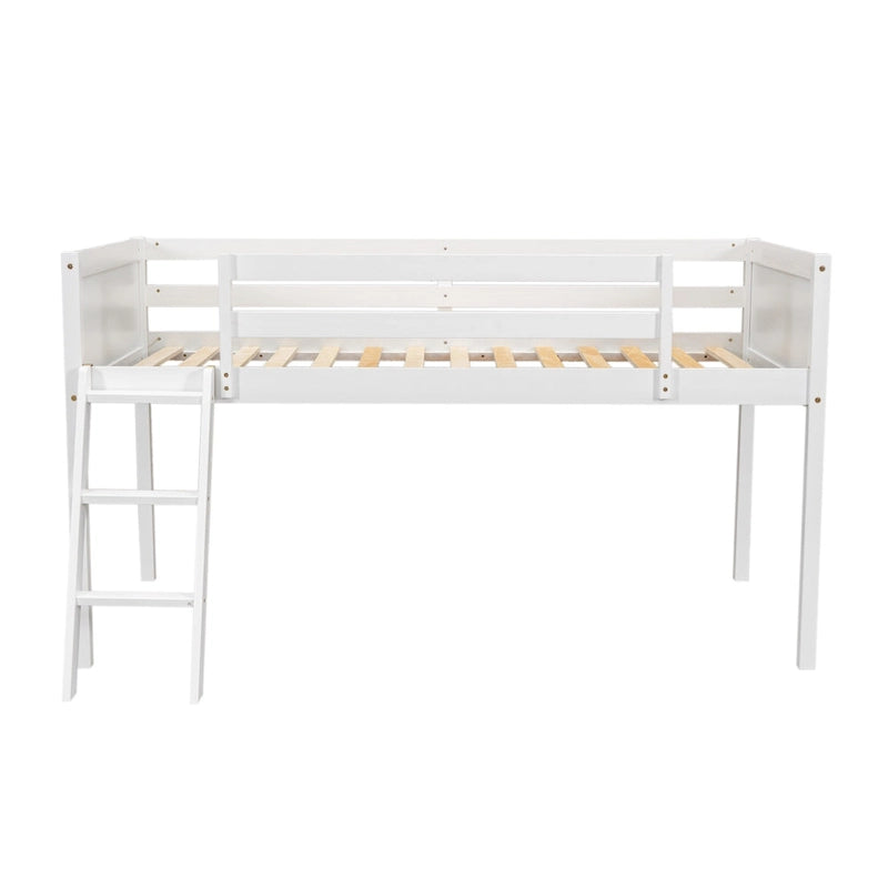 Lit mezzanine bas en bois de pin, taille jumeau, avec échelle convertible et barrières de sécurité intégrales