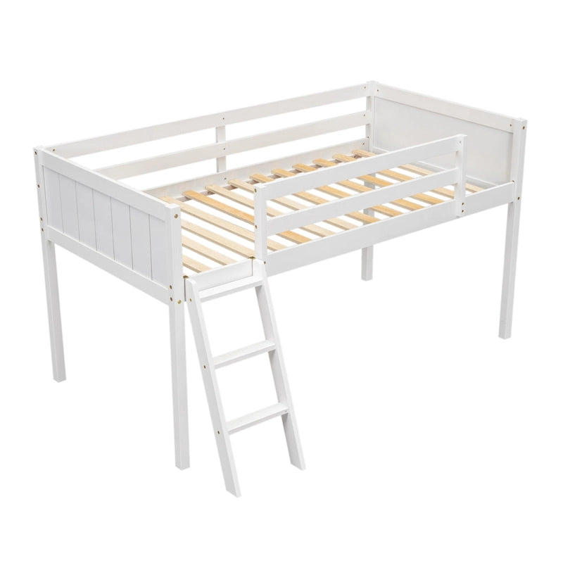 Lit mezzanine bas en bois de pin, taille jumeau, avec échelle convertible et barrières de sécurité intégrales