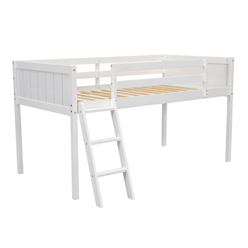 Lit mezzanine bas en bois de pin, taille jumeau, avec échelle convertible et barrières de sécurité intégrales