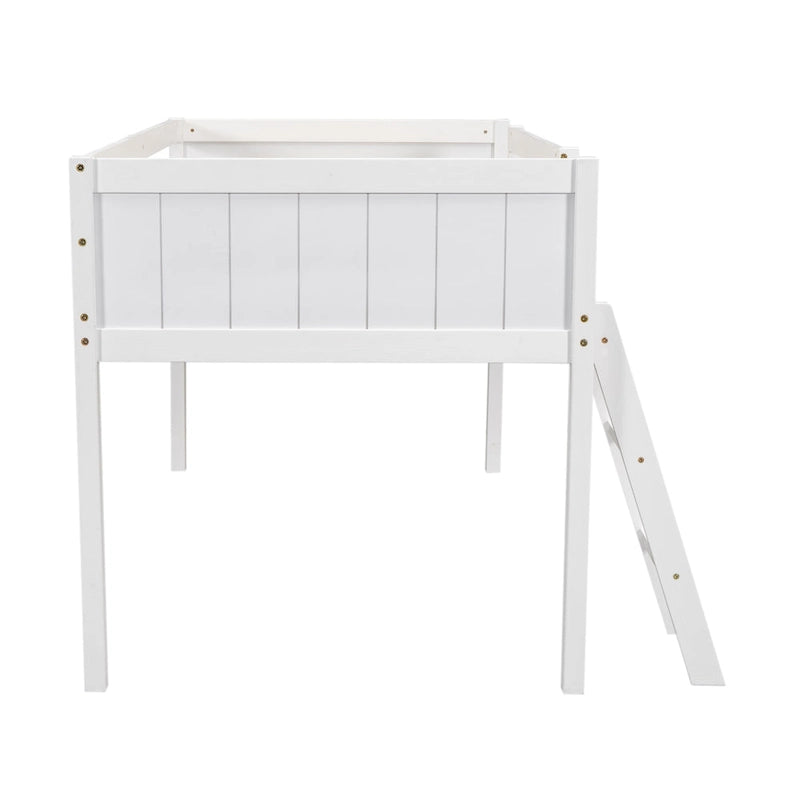 Lit mezzanine bas en bois de pin, taille jumeau, avec échelle convertible et barrières de sécurité intégrales