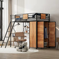 Lit mezzanine noir en métal, format jumeau, avec bureau en L et armoire