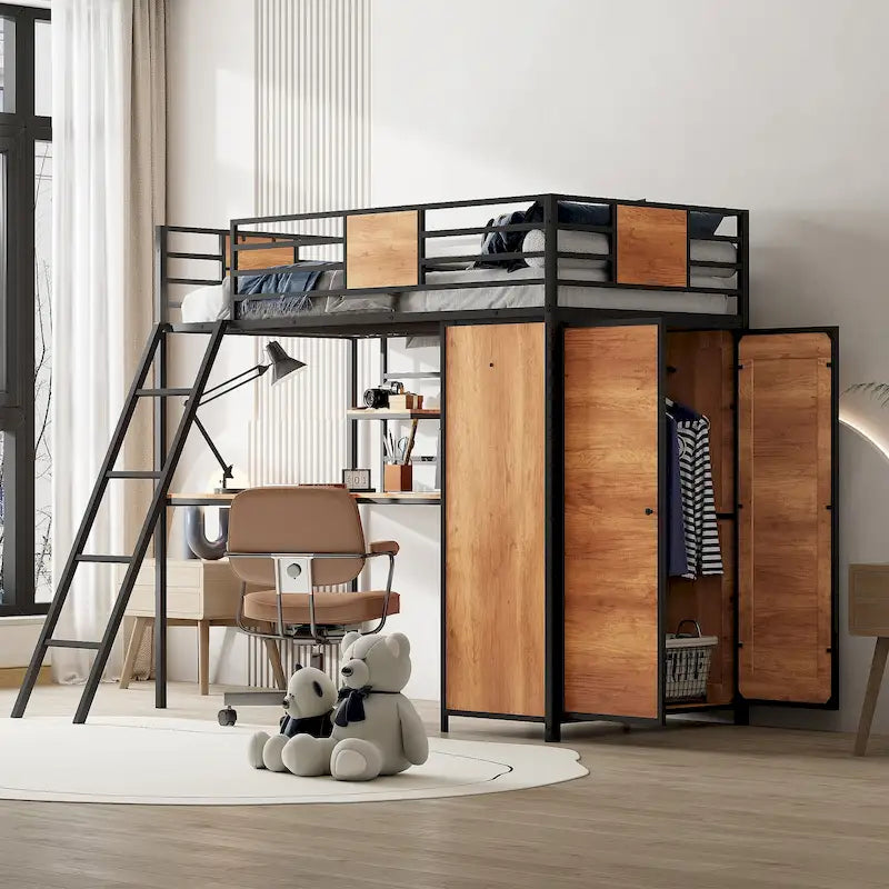 Lit mezzanine noir en métal, format jumeau, avec bureau en L et armoire