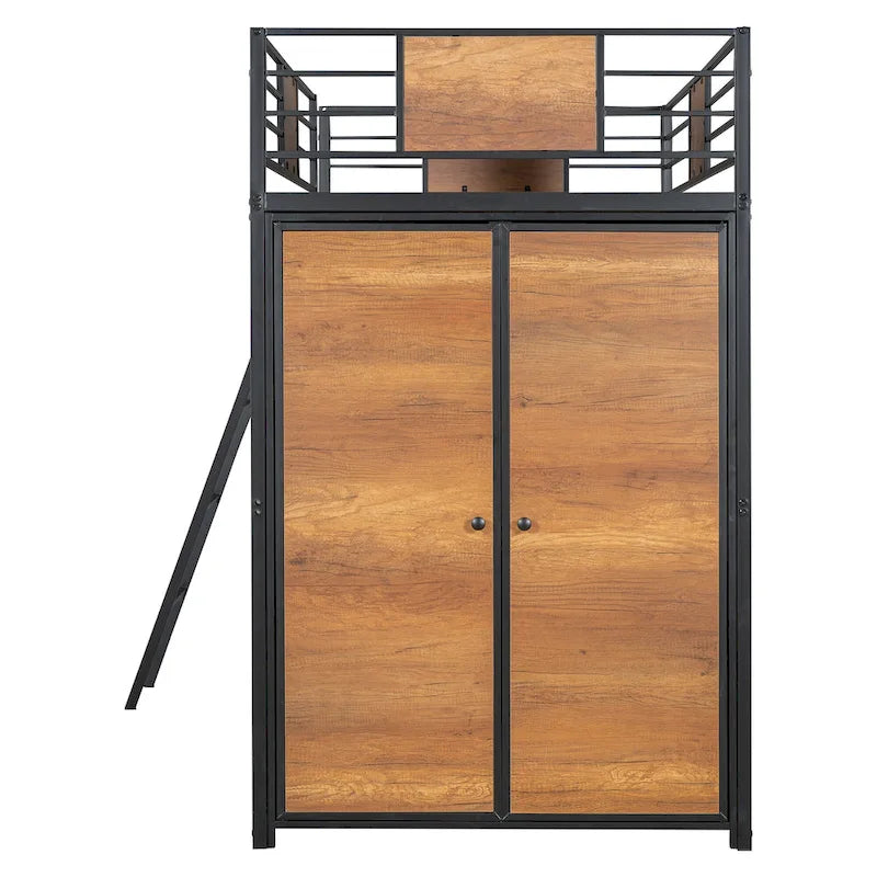 Lit mezzanine noir en métal, format jumeau, avec bureau en L et armoire