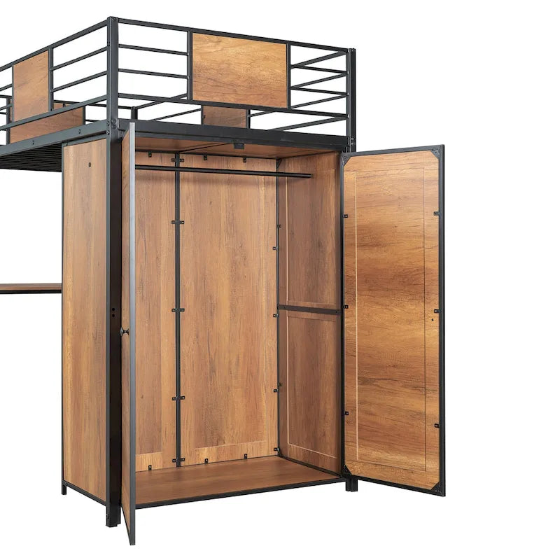Lit mezzanine noir en métal, format jumeau, avec bureau en L et armoire