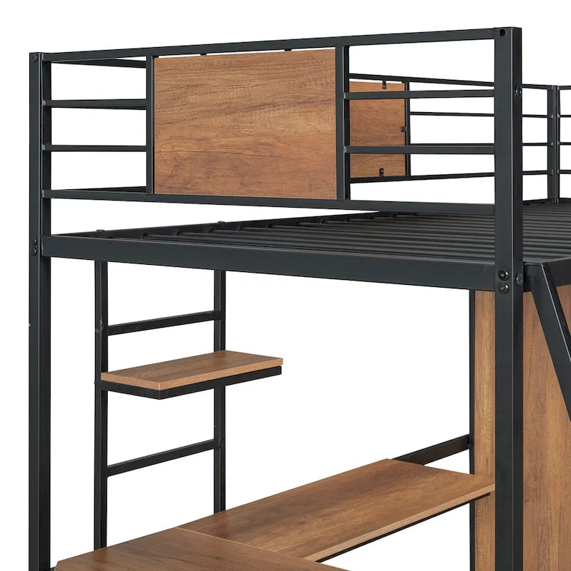 Lit mezzanine noir en métal, format jumeau, avec bureau en L et armoire