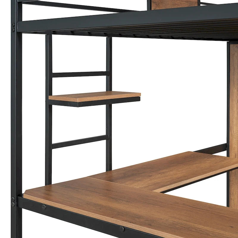 Lit mezzanine noir en métal, format jumeau, avec bureau en L et armoire