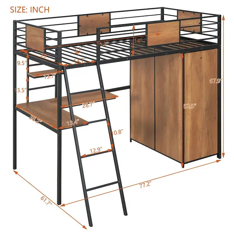 Lit mezzanine noir en métal, format jumeau, avec bureau en L et armoire