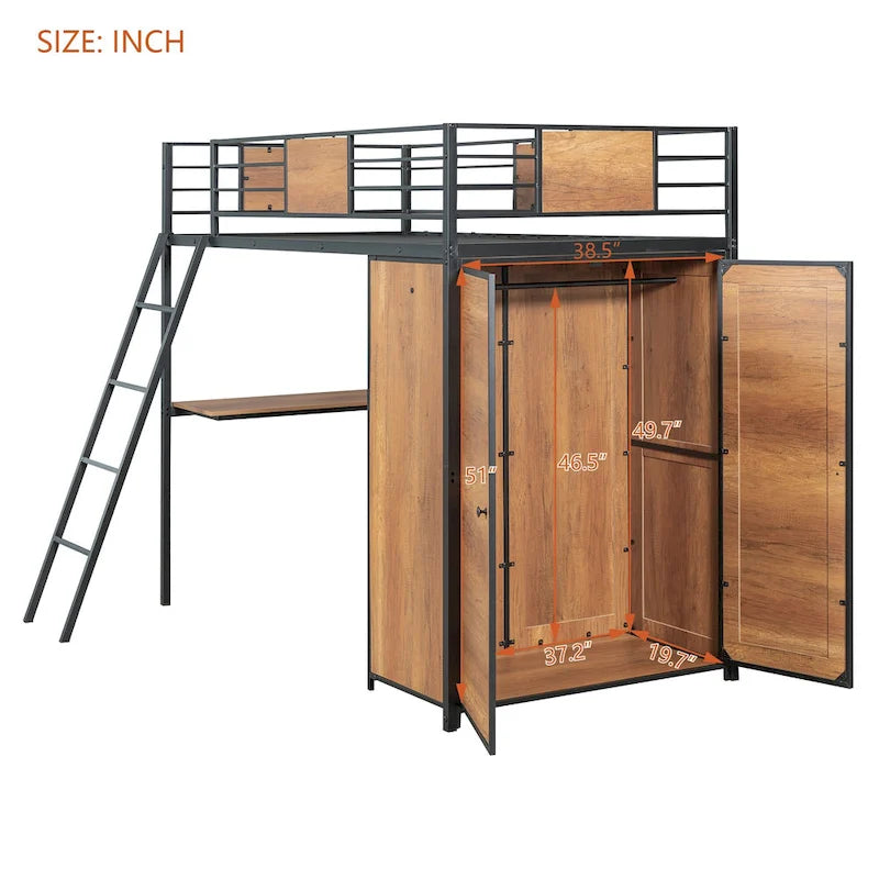 Lit mezzanine noir en métal, format jumeau, avec bureau en L et armoire