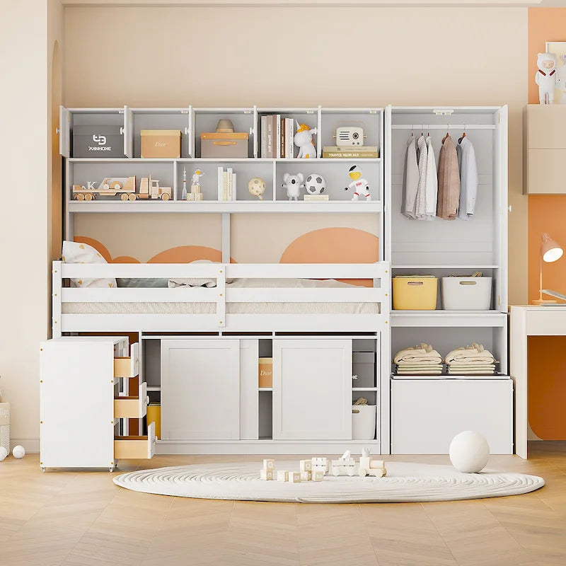 Lit mezzanine en bois avec bureau roulant, armoire intégrée, escalier de rangement et étagères