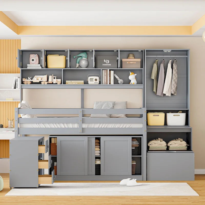 Lit mezzanine en bois avec bureau roulant, armoire intégrée, escalier de rangement et étagères