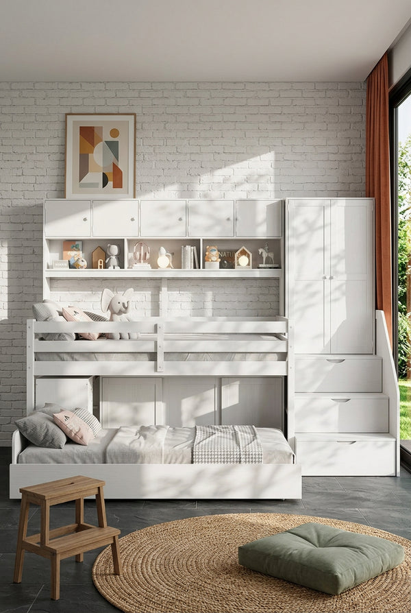 Wooden Loft Bed with Integrated Wardrobe, Under-bed Desk, Drawers, with Shelves