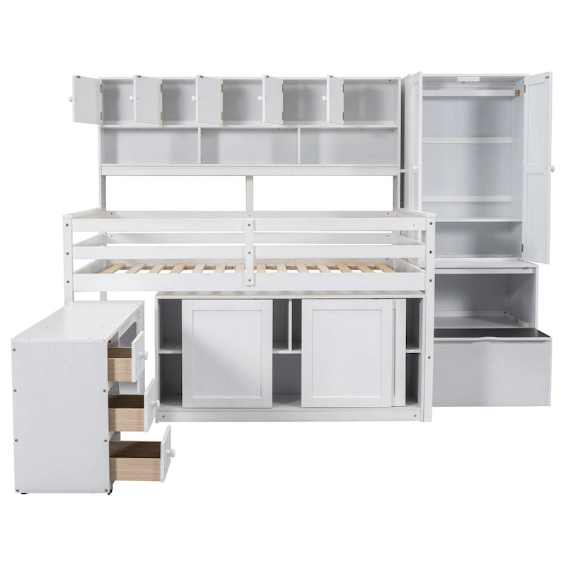 Lit mezzanine en bois avec bureau roulant, armoire intégrée, escalier de rangement et étagères
