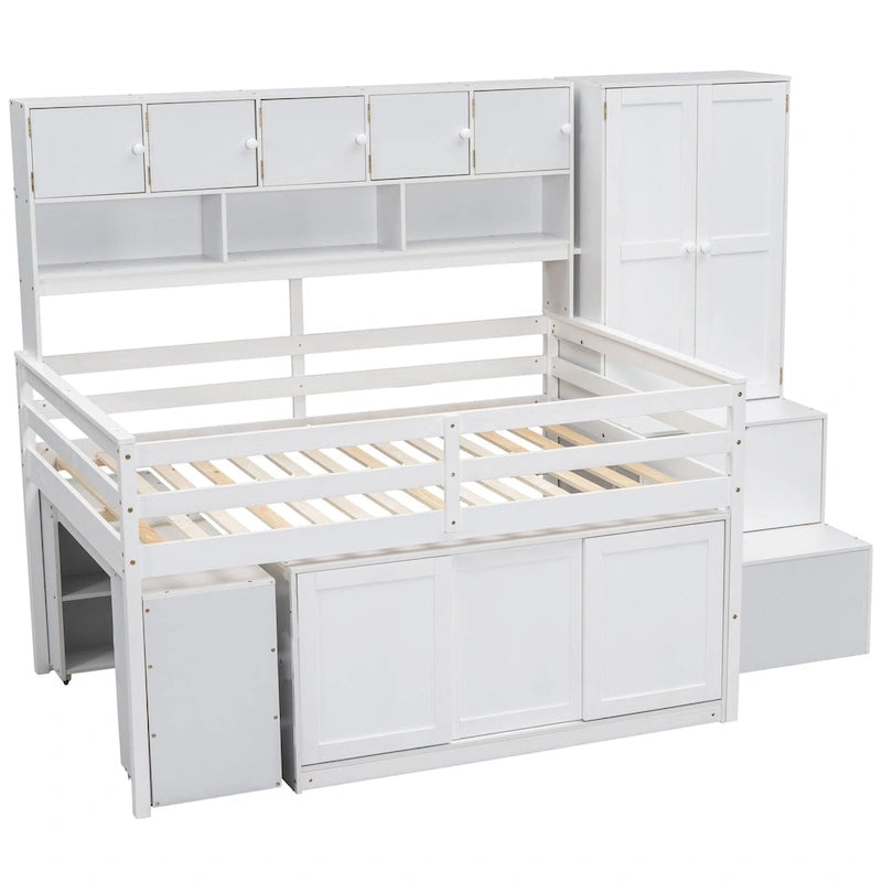 Lit mezzanine en bois avec bureau roulant, armoire intégrée, escalier de rangement et étagères