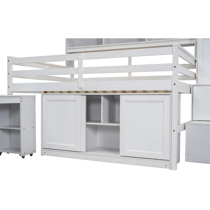 Lit mezzanine en bois avec bureau roulant, armoire intégrée, escalier de rangement et étagères