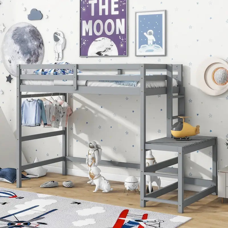 Lit mezzanine haut en pin, taille jumeau, avec plateforme, échelle et barrières de sécurité