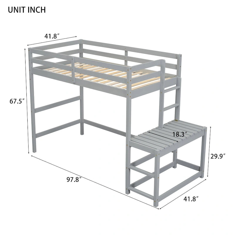 Lit mezzanine haut en pin, taille jumeau, avec plateforme, échelle et barrières de sécurité