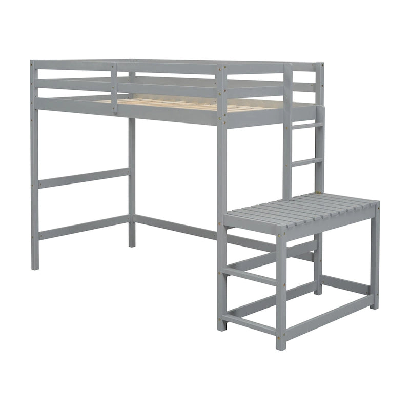 Lit mezzanine haut en pin, taille jumeau, avec plateforme, échelle et barrières de sécurité
