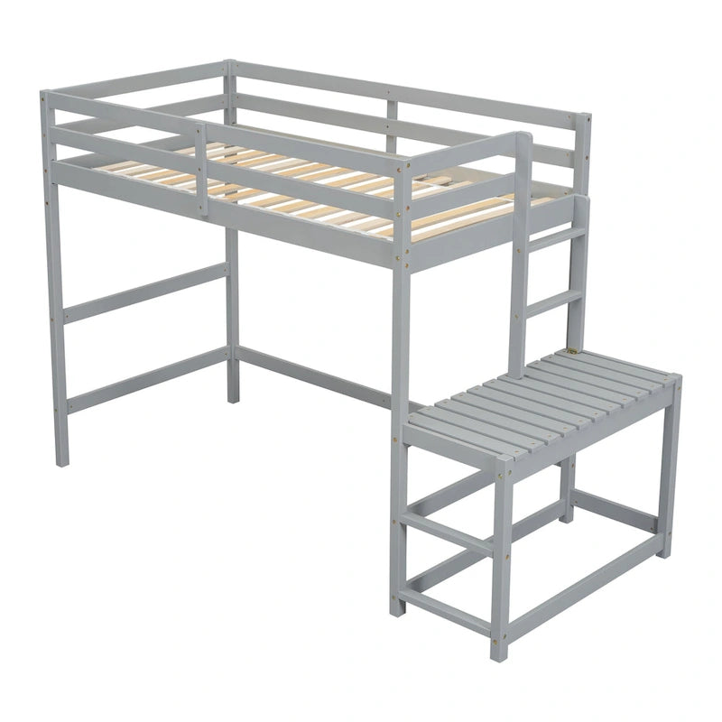 Lit mezzanine haut en pin, taille jumeau, avec plateforme, échelle et barrières de sécurité