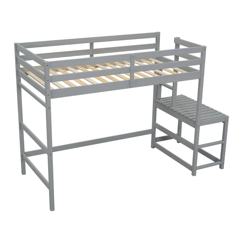 Lit mezzanine haut en pin, taille jumeau, avec plateforme, échelle et barrières de sécurité