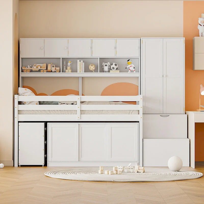 Lit mezzanine en bois, taille double, avec bureau roulant, armoire intégrée, escalier de rangement et étagères