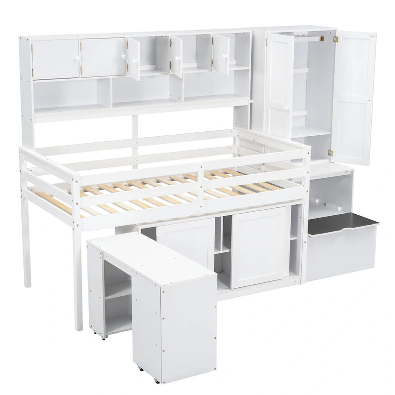 Lit mezzanine en bois, taille double, avec bureau roulant, armoire intégrée, escalier de rangement et étagères