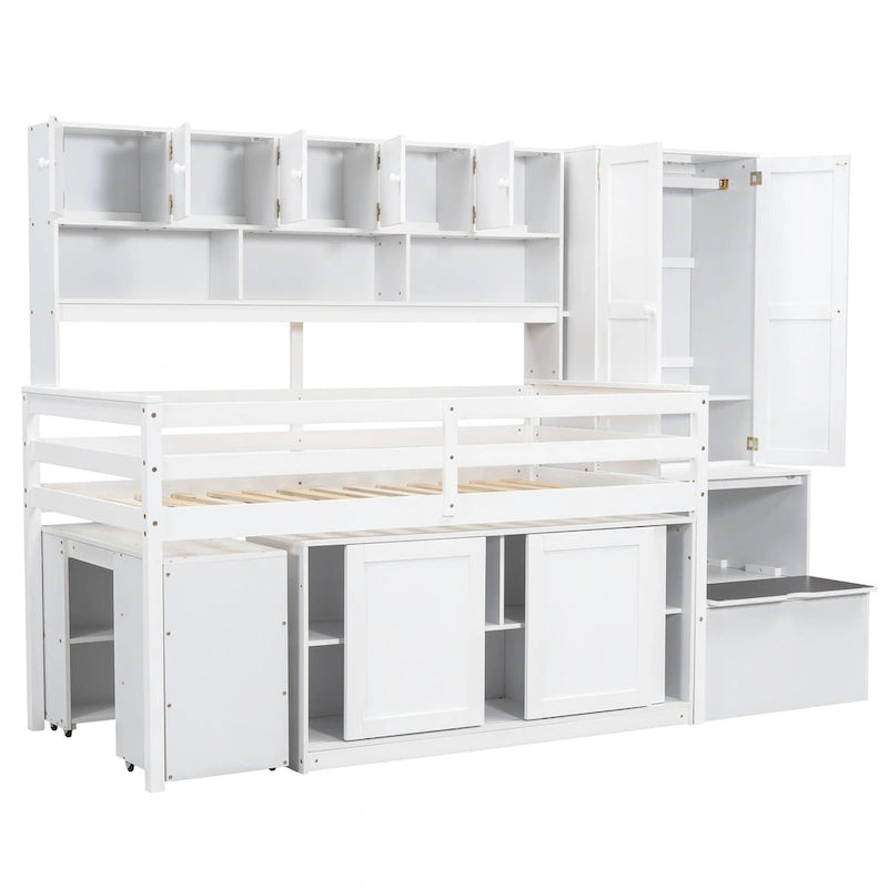 Lit mezzanine en bois, taille double, avec bureau roulant, armoire intégrée, escalier de rangement et étagères
