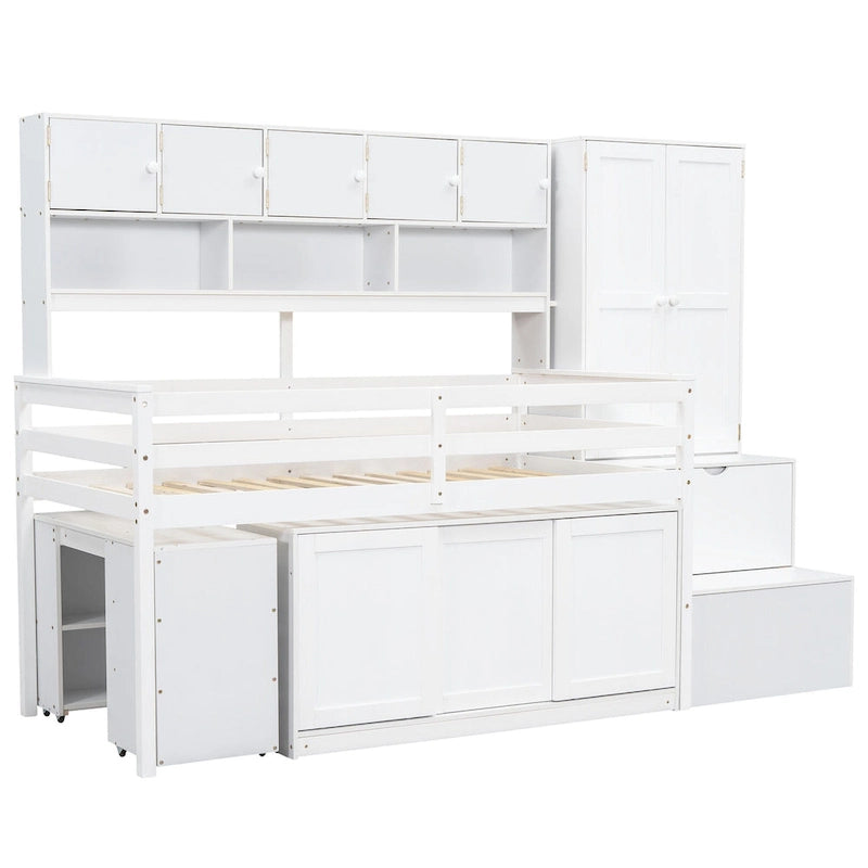 Lit mezzanine en bois, taille double, avec bureau roulant, armoire intégrée, escalier de rangement et étagères