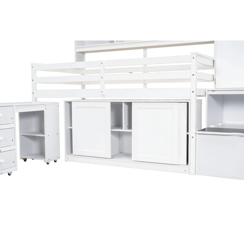 Lit mezzanine en bois, taille double, avec bureau roulant, armoire intégrée, escalier de rangement et étagères