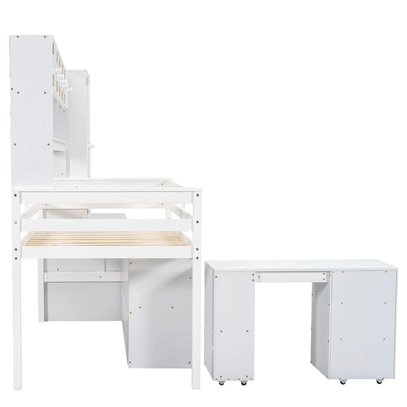 Lit mezzanine en bois, taille double, avec bureau roulant, armoire intégrée, escalier de rangement et étagères