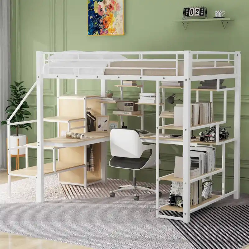 Lit mezzanine double en métal avec escalier de rangement, armoire, bureau et étagères