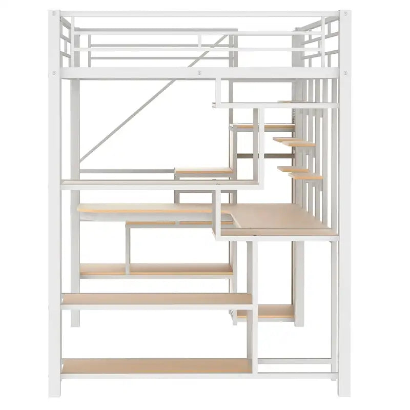 Lit mezzanine double en métal avec escalier de rangement, armoire, bureau et étagères