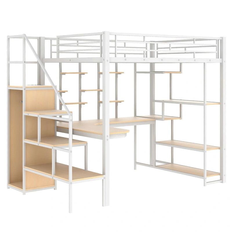 Lit mezzanine double en métal avec escalier de rangement, armoire, bureau et étagères