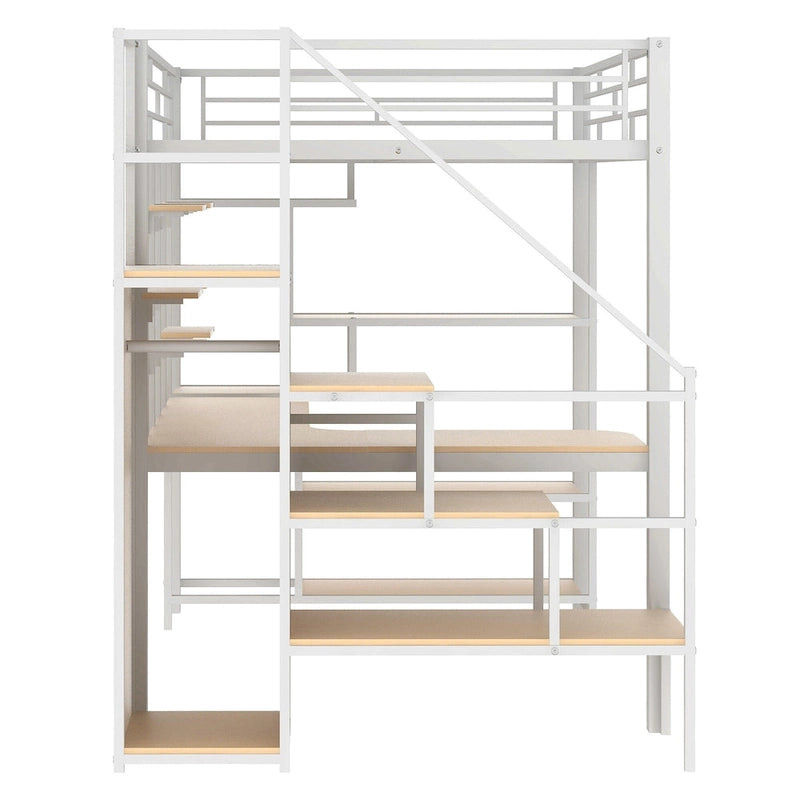 Lit mezzanine double en métal avec escalier de rangement, armoire, bureau et étagères