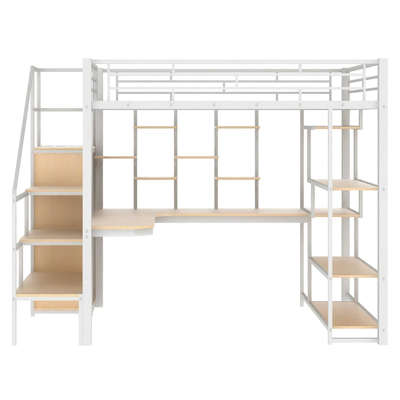 Lit mezzanine double en métal avec escalier de rangement, armoire, bureau et étagères