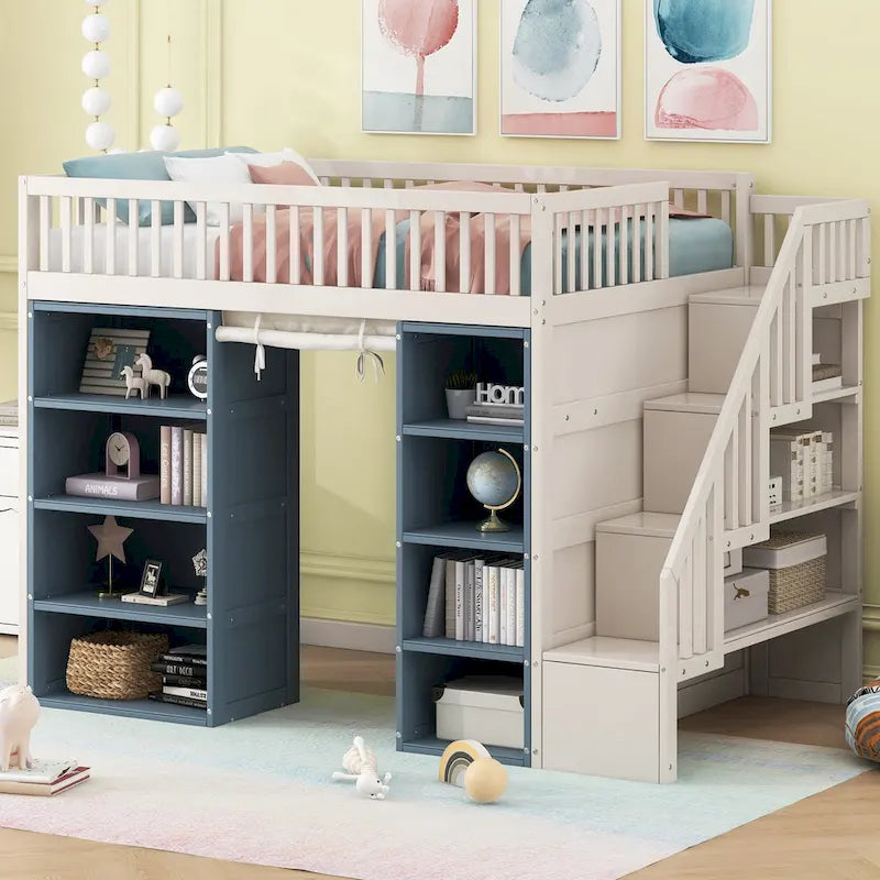 White Full Size Solid Wood Loft Bed with Storage Cabinets and Curtain