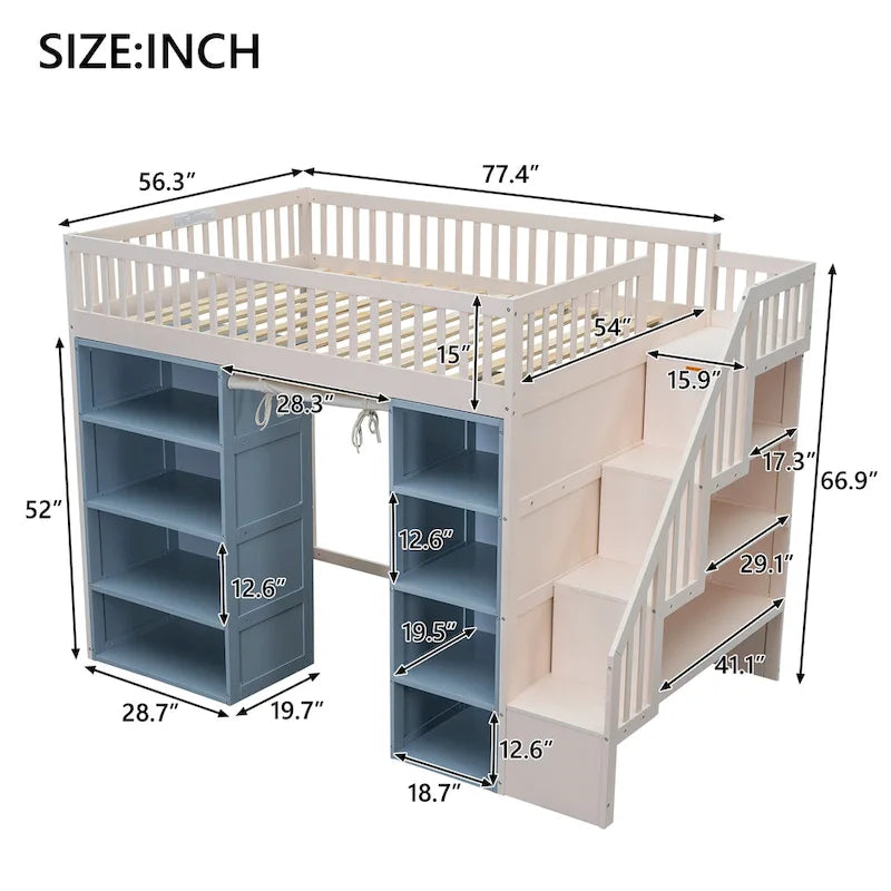 Lit mezzanine double en bois de pin avec deux étagères à 4 niveaux, escalier de rangement et rideau d'intimité