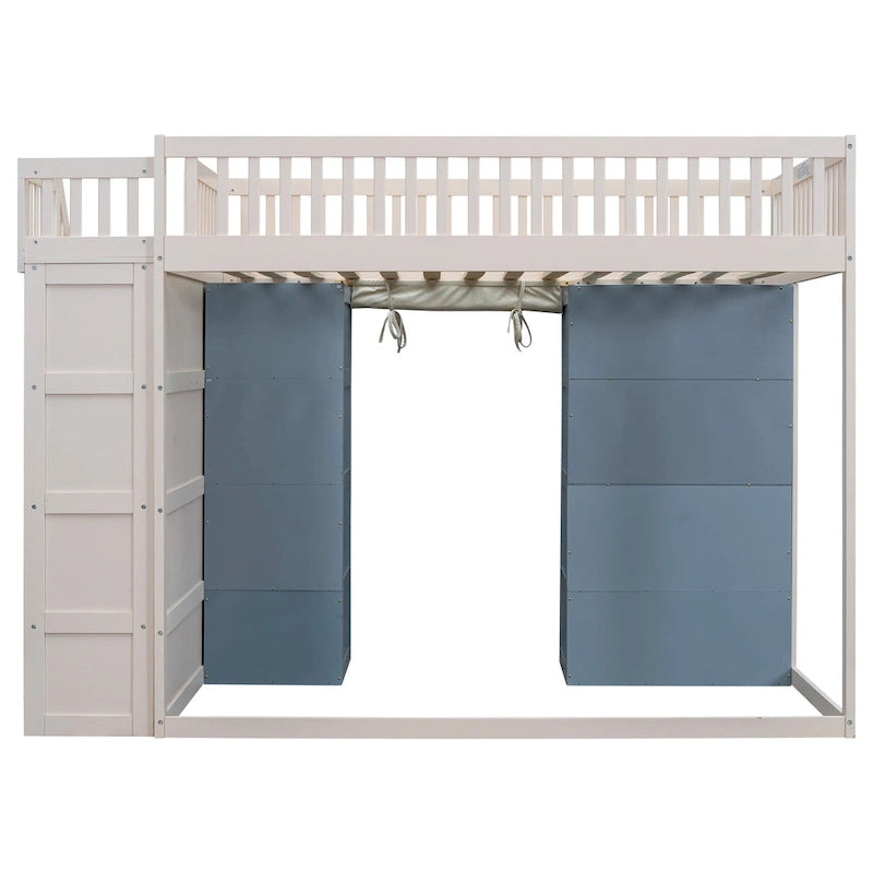 Lit mezzanine double en bois de pin avec deux étagères à 4 niveaux, escalier de rangement et rideau d'intimité