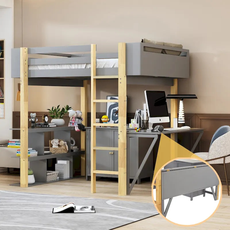Lit mezzanine en bois avec armoire de rangement intégrée et bureau pliable