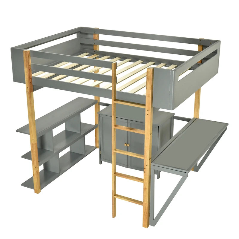 Gray Twin Size Solid Wood Loft Bed with Built-in Storage and Foldable Desk