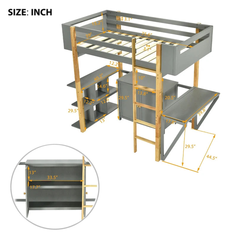 Lit mezzanine en bois avec armoire de rangement intégrée et bureau pliable