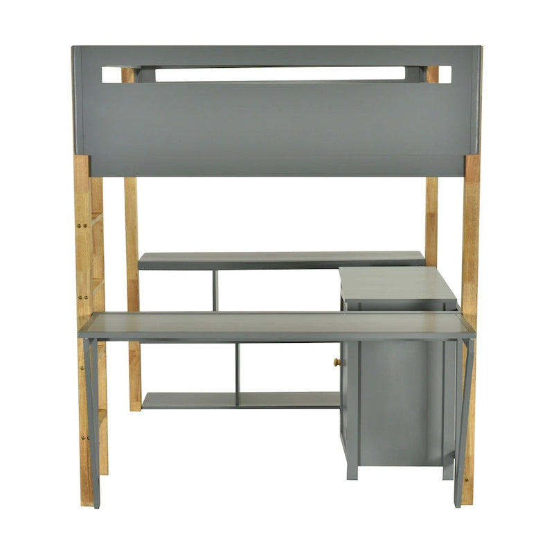 Lit mezzanine en bois avec armoire de rangement intégrée et bureau pliable