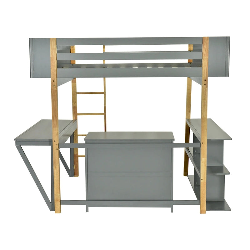 Lit mezzanine en bois avec armoire de rangement intégrée et bureau pliable