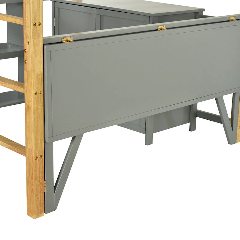 Lit mezzanine en bois avec armoire de rangement intégrée et bureau pliable