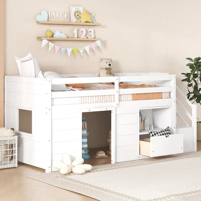 White Twin Size Solid Wood Low Loft Bed with Stairs