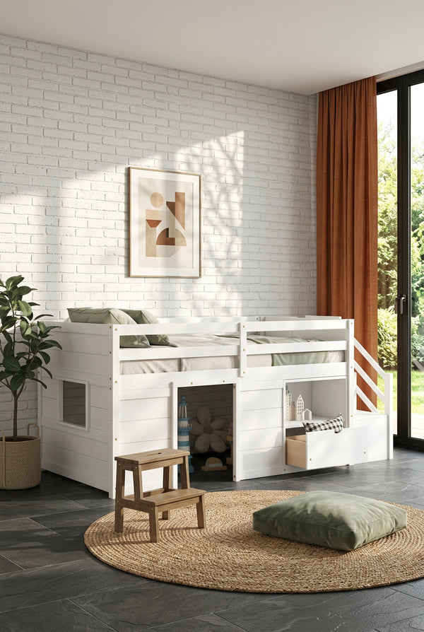 White Twin Size Solid Wood Low Loft Bed with Stairs