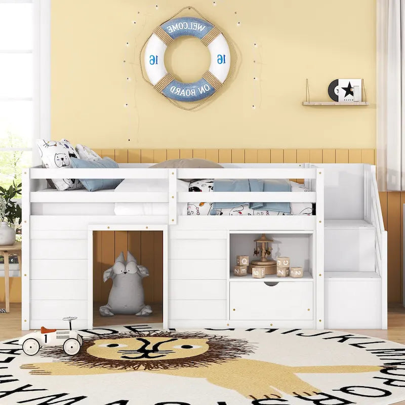 Lit mezzanine bas blanc en bois massif de taille double avec escaliers