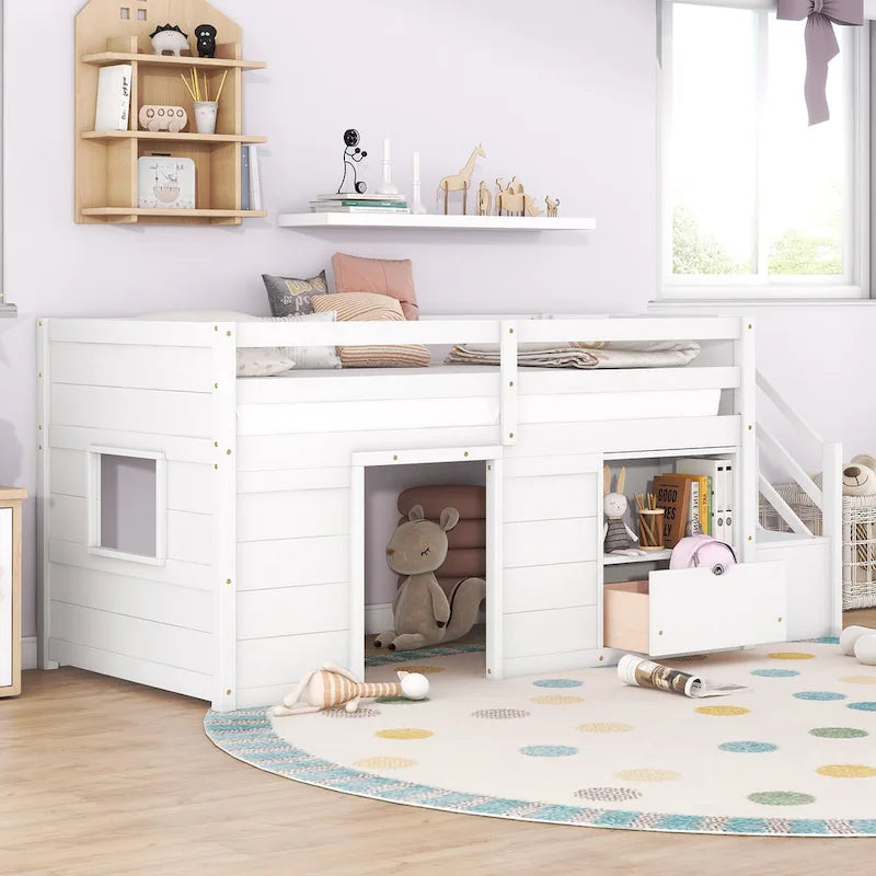 Lit mezzanine bas blanc en bois massif de taille double avec escaliers